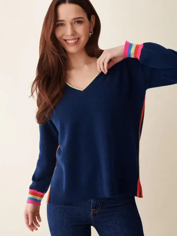 u0026 Isla Knitwear | Gifts Under £250^& Isla Aria Stripe V Neck Jumper In Navy Multi IF4C-199