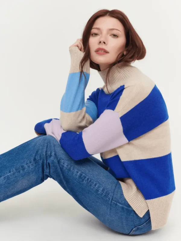 u0026 Isla Knitwear | Gifts Under £250^& Isla Sadie Colourblock Oatmeal/Multi Stripe Funnel Cashmere Jumper I