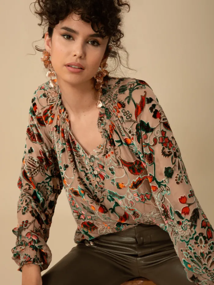 hale_bob_liani_velvet_bur_0-1.webp Hale Bob Party Wear | Tops^LIANI Velvet Burnout Silk Blend Blouse In Beige 47DY224A