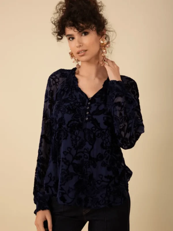 Hale Bob Party Wear | Tops^LIANI Velvet Burnout Silk Blend Blouse In Navy 47DY224S