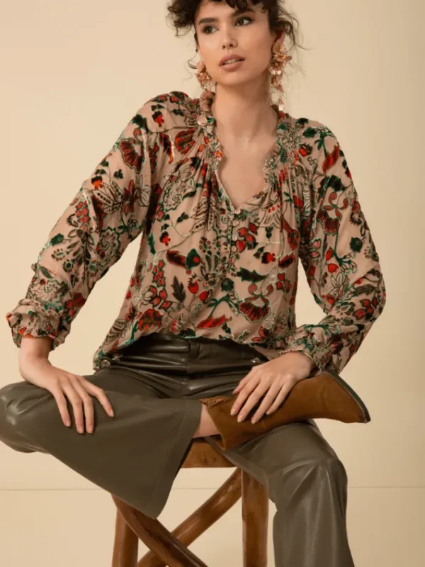 Hale Bob Party Wear | Tops^LIANI Velvet Burnout Silk Blend Blouse In Beige 47DY224A