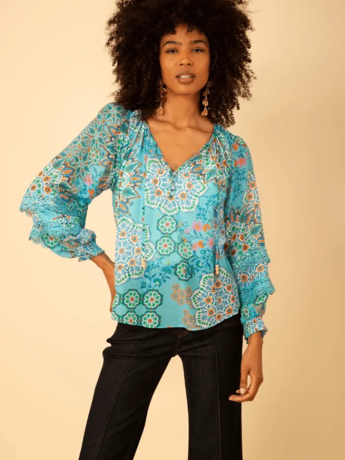 hale_bob_lilith_turquoise_0.webp Hale Bob Tops | Gifts Under £250^LILITH Turquoise With Print Top H43EK220A Col TUR