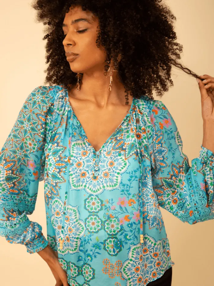hale_bob_lilith_turquoise_1.webp Hale Bob Tops | Gifts Under £250^LILITH Turquoise With Print Top H43EK220A Col TUR