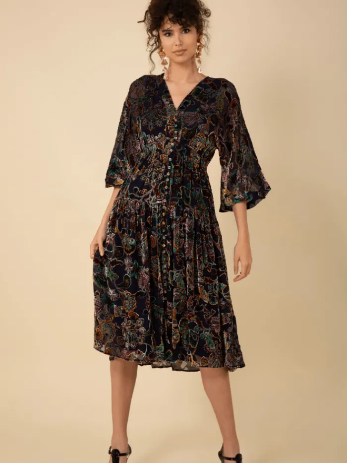hale_bob_raven_velvet_bur_0.webp Hale Bob Dresses | Party Wear^RAVEN Velvet Burnout Midi Dress In Navy 47DY620A