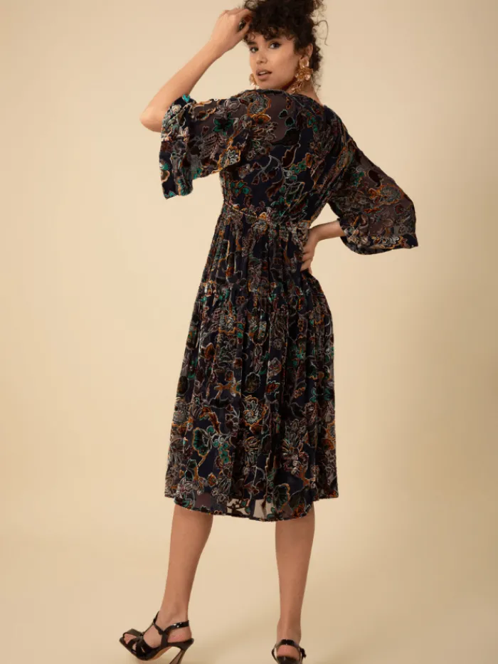 hale_bob_raven_velvet_bur_3.webp Hale Bob Dresses | Party Wear^RAVEN Velvet Burnout Midi Dress In Navy 47DY620A