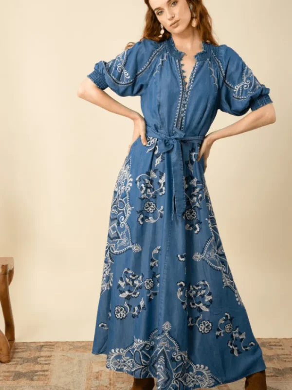 Hale Bob Dresses | Luxury Gifts^WYNTER Embroidered Chambray Midi Dress In Blue 45MW632T