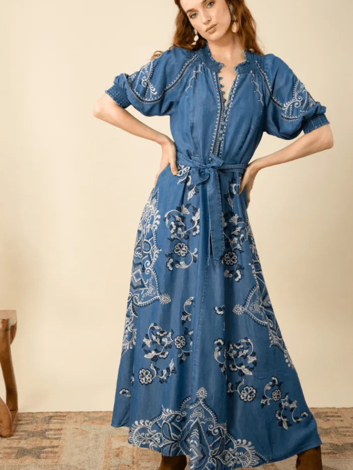 hale_bob_wynter_embroider_0.webp Hale Bob Dresses | Luxury Gifts^WYNTER Embroidered Chambray Midi Dress In Blue 45MW632T