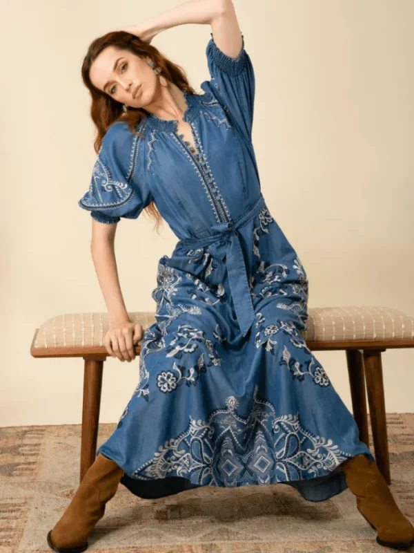 Hale Bob Dresses | Luxury Gifts^WYNTER Embroidered Chambray Midi Dress In Blue 45MW632T