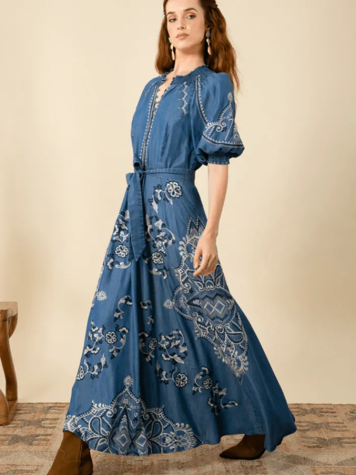 hale_bob_wynter_embroider_2.webp Hale Bob Dresses | Luxury Gifts^WYNTER Embroidered Chambray Midi Dress In Blue 45MW632T