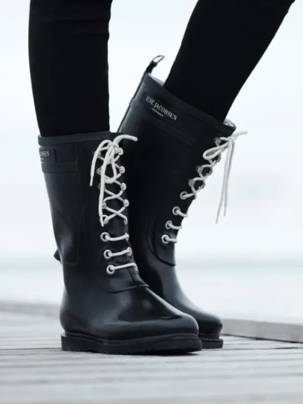 Ilse Jacobsen Footwear | Footwear^Medium Length Rubber Lace Up Wellington Boots Black RUB1
