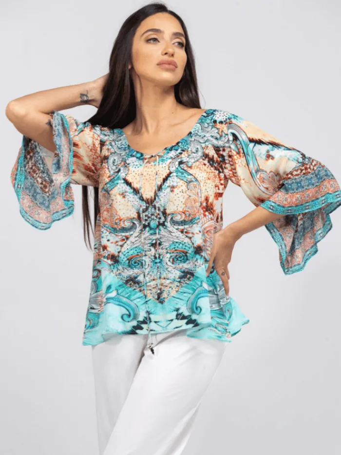 inoa_gold_coast_printed_s_0-1.webp Inoa Tops | Beachwear^Gold Coast Printed Silk BOHO Top with Crystals 206