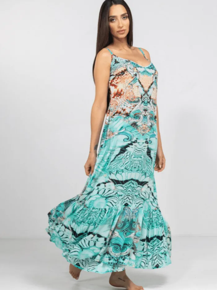 inoa_gold_coast_printed_s_0.webp Inoa Dresses | Beachwear^Gold Coast Printed Silk FRILL STRAP MAXI DRESS with Crystals 206