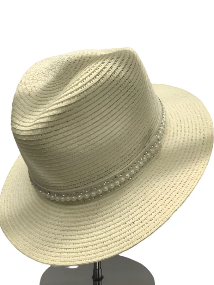 izzi_accessories_cream_su_0-1.webp Izzi Hats Hats & Hair Accessories | Gifts Under £100^Izzi Accessories Cream Summer Fedora Hat With Diamantee and Pearl Band