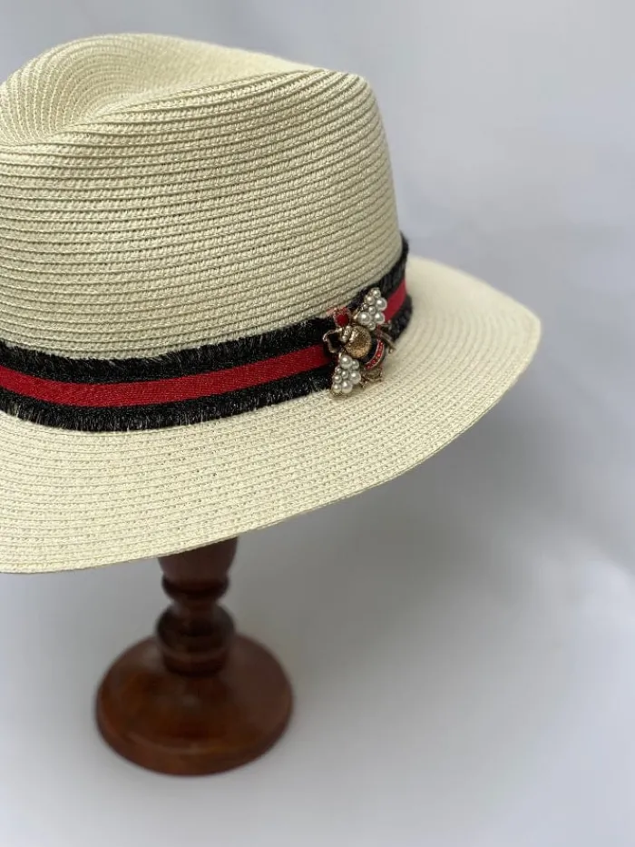 izzi_accessories_cream_su_0-3.webp Izzi Hats Hats & Hair Accessories | Gifts Under £50^Izzi Accessories Cream Summer Fedora Hat With Black and Red Fringe Rib