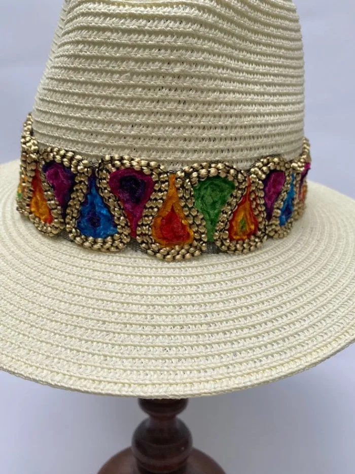 izzi_accessories_fedora_c_0-4.webp Izzi Hats Hats & Hair Accessories | Gifts Under £50^Izzi Accessories Fedora Cream Hat With Wide Multi Coloured Velvet Tear
