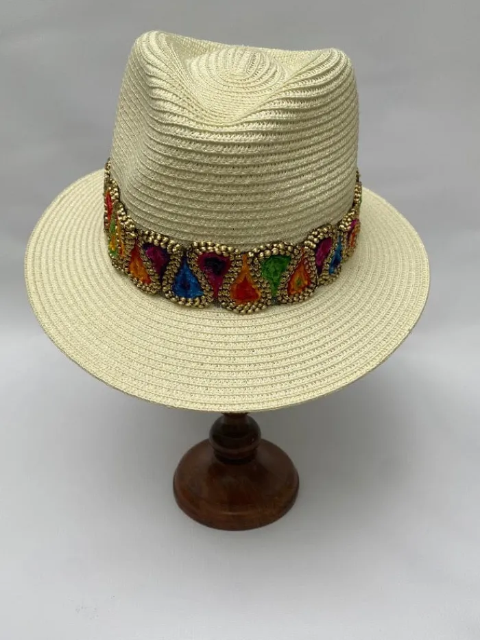 izzi_accessories_fedora_c_1.webp Izzi Hats Hats & Hair Accessories | Gifts Under £50^Izzi Accessories Fedora Cream Hat With Wide Multi Coloured Velvet Tear