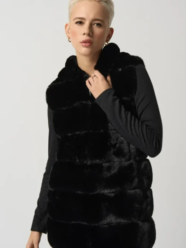 Joseph Ribkoff Coats And Jackets | Faux Fur Edit^Black Faux Fur Hooded Gilet/Vest 233921 Col 11