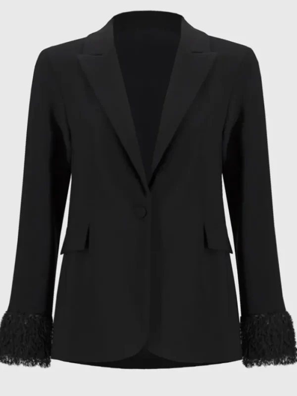 Joseph Ribkoff Coats And Jackets | Party Wear^Black Silky Knit Blazer With Fringed Cuffs 244194 Col 1
