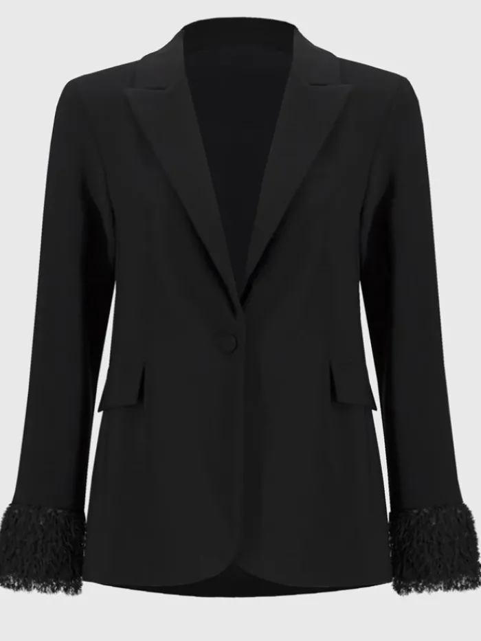 joseph_ribkoff_black_silk_0.webp Joseph Ribkoff Coats And Jackets | Party Wear^Black Silky Knit Blazer With Fringed Cuffs 244194 Col 1