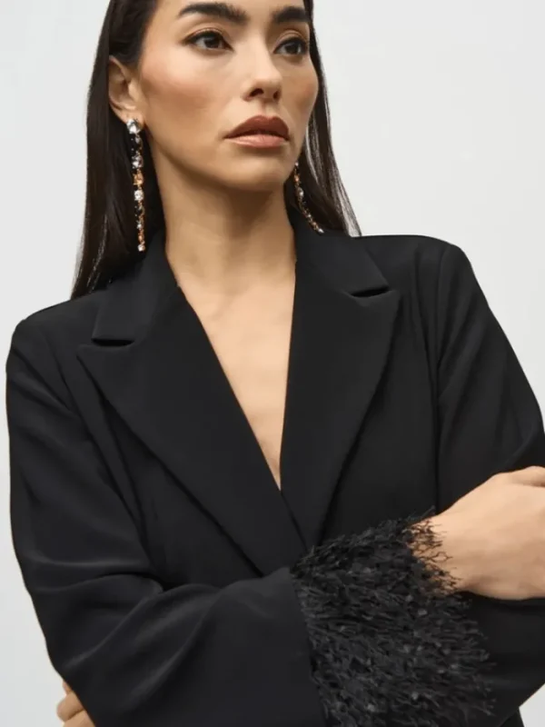 Joseph Ribkoff Coats And Jackets | Party Wear^Black Silky Knit Blazer With Fringed Cuffs 244194 Col 1