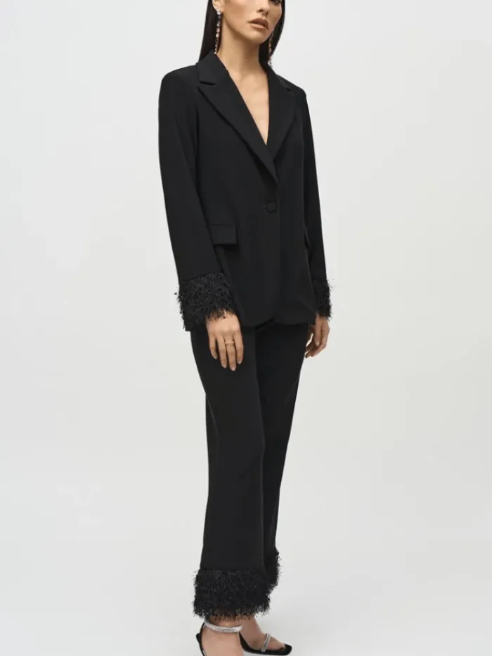 joseph_ribkoff_black_silk_3.webp Joseph Ribkoff Coats And Jackets | Party Wear^Black Silky Knit Blazer With Fringed Cuffs 244194 Col 1