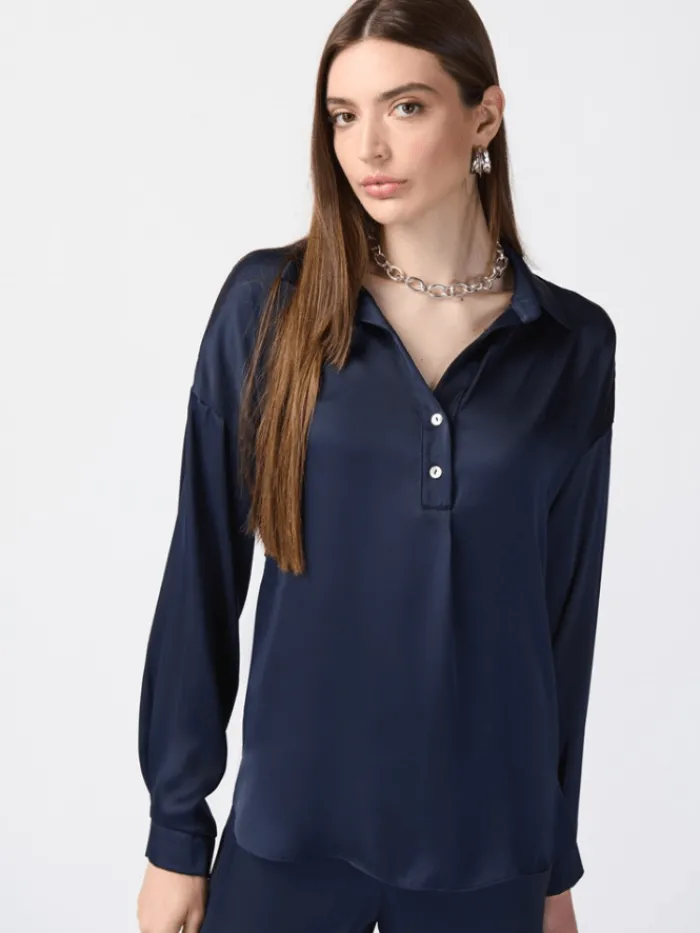 joseph_ribkoff_long_sleev_0.webp Joseph Ribkoff Tops | Gifts Under £250^Long Sleeve Satin Shirt In Midnight Blue 241242 Col 216