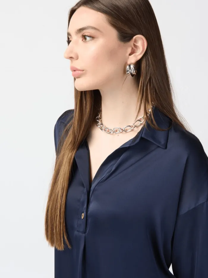 joseph_ribkoff_long_sleev_2.webp Joseph Ribkoff Tops | Gifts Under £250^Long Sleeve Satin Shirt In Midnight Blue 241242 Col 216