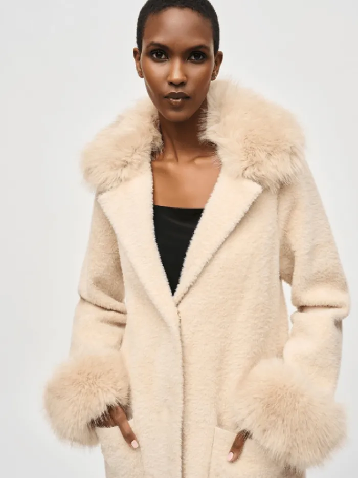 joseph_ribkoff_womens_fea_2.webp Joseph Ribkoff Coats And Jackets | Luxury Gifts^Women's Feather Yarn Sweater Coat With Furry Trim 24392