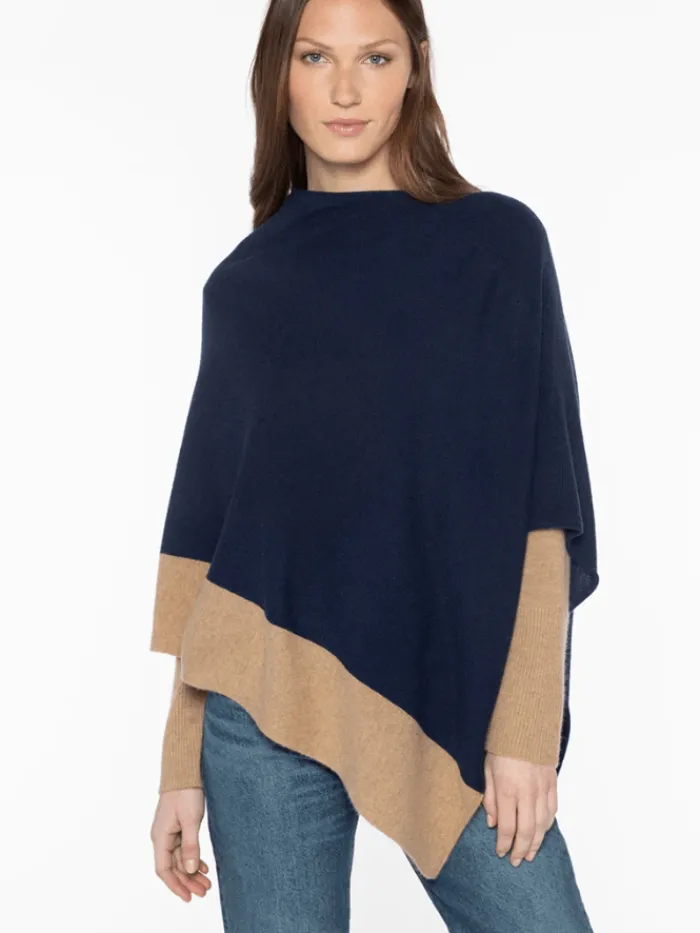 kinross_cashmere_contrast_0.webp KINROSS Knitwear | Loungewear^Cashmere Contrast Trim Poncho In Navy And Camel LFAC4-264