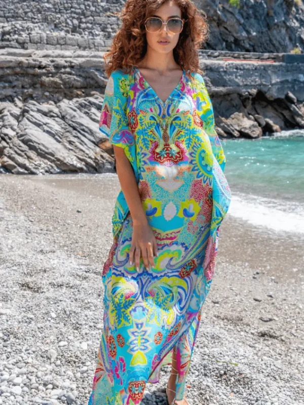 Lindsey Brown Resortwear Beachwear | Luxury Gifts^Lindsey Brown Bora Bora Turquoise Print Maxi Kaftan With Crystals