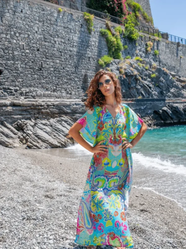 Lindsey Brown Resortwear Beachwear | Luxury Gifts^Lindsey Brown Bora Bora Turquoise Print Maxi Kaftan With Crystals
