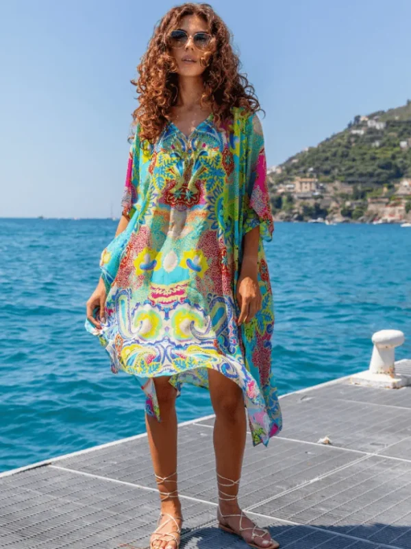 Lindsey Brown Resortwear Beachwear | Gifts Under £250^Lindsey Brown Dominica Yellow And Turquoise Print Kaftan With Crystals