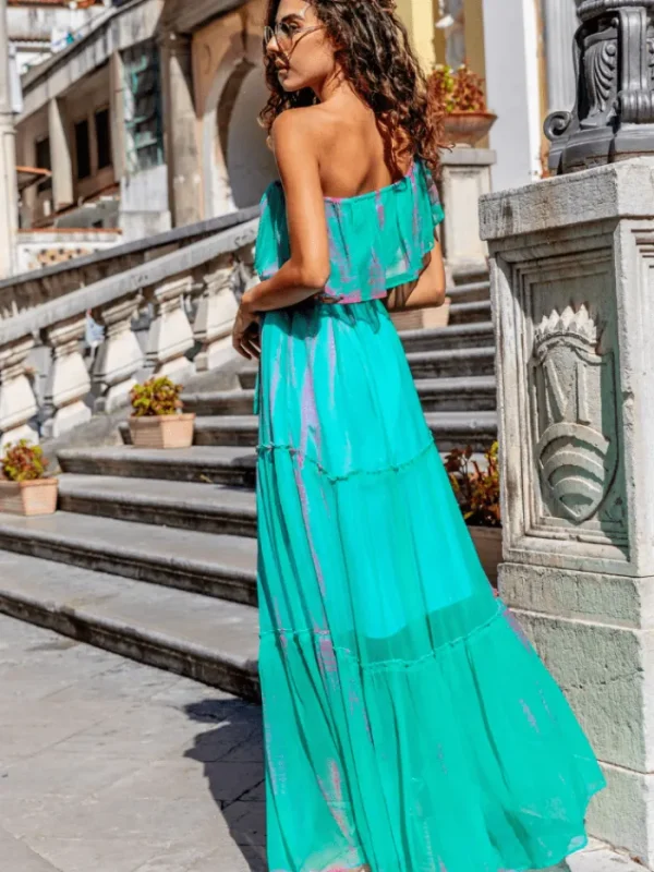 Lindsey Brown Resortwear Dresses | Beachwear^Lindsey Brown Mykonos Silk Chiffon Maxi Dress In Aqua And Pink