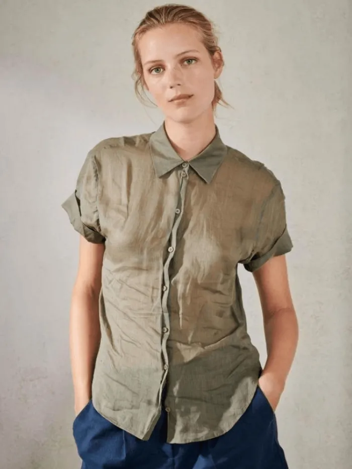 luisa_cerano_t_short_slee_0.webp Luisa Cerano Tops | Gifts Under £100^T Short Sleeve Ramie Blouse Olive 238324/3270