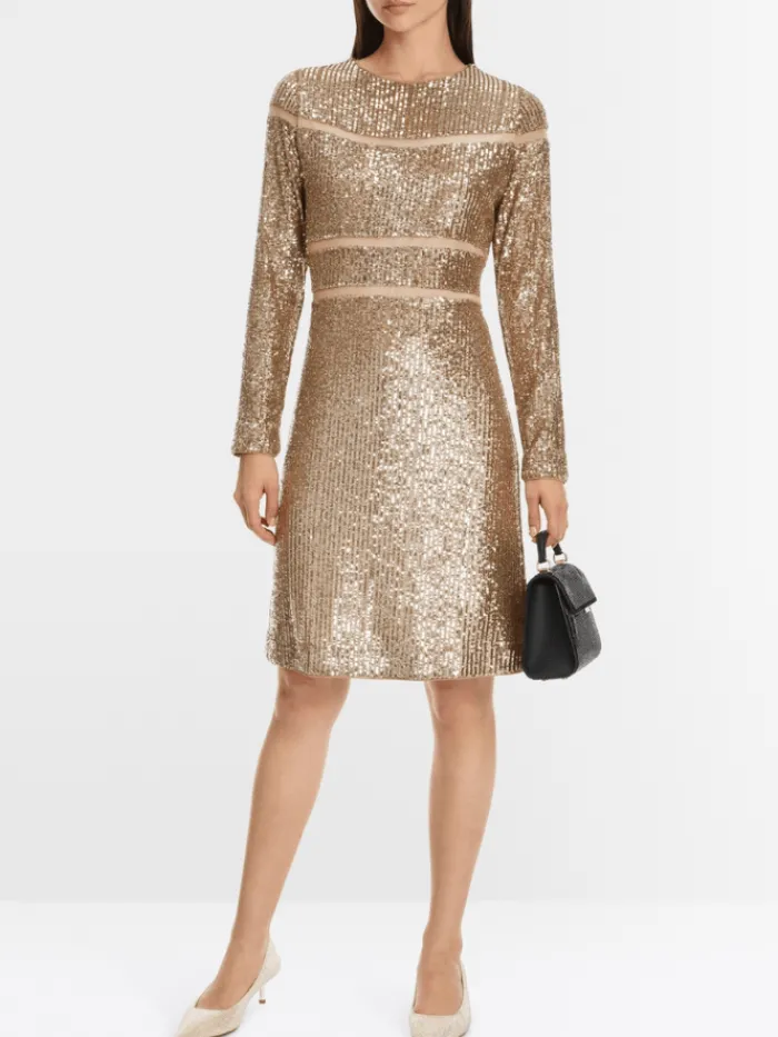 marc_cain_glam_sequinned__1.webp Marc Cain Glam Dresses | Party Wear^Sequinned Dress In Shiny Sand XG 21.13 W14 Col 625