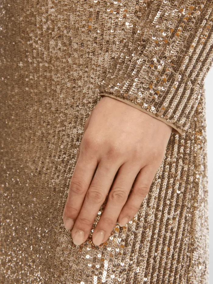 marc_cain_glam_sequinned__4.webp Marc Cain Glam Dresses | Party Wear^Sequinned Dress In Shiny Sand XG 21.13 W14 Col 625