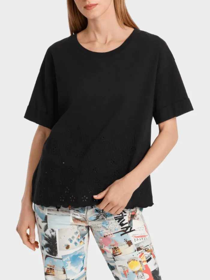 marc_cain_sports_black_t__1.webp Marc Cain Sports Tops | T-Shirts^Black T Shirt With Eyelet Embroidery WS 48.01 J74 COL