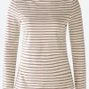 Oui Tops | T-Shirts^Long Sleeved White And Brown Striped Knitted T Shirt 79534 Col 108