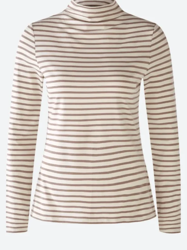 Oui Tops | T-Shirts^Long Sleeved White And Brown Striped Knitted T Shirt 79534 Col 108