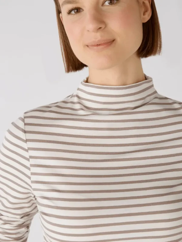 Oui Tops | T-Shirts^Long Sleeved White And Brown Striped Knitted T Shirt 79534 Col 108