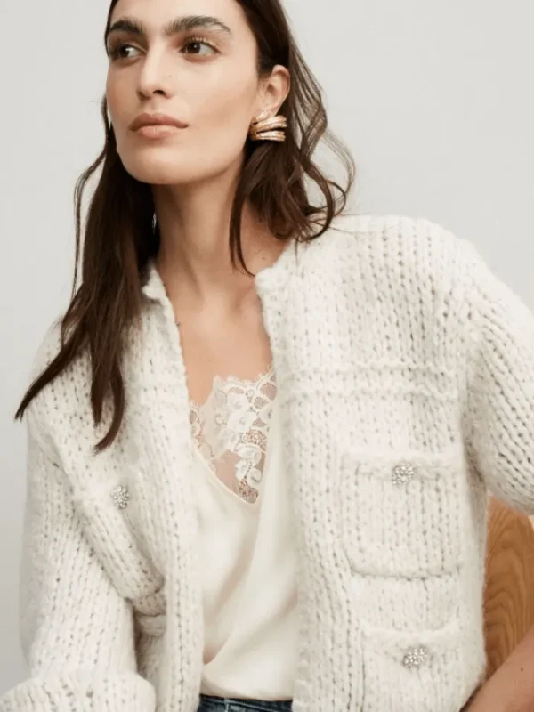 Oui Knitwear | Gifts Under £250^Women's Chunky Knit Cardigan In Light Beige Melange 90614 Col 7065