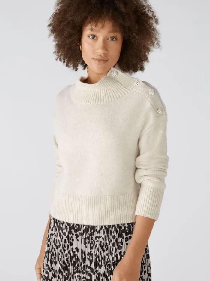 oui_womens_jumper_with_rh_1.webp Oui Knitwear | Gifts Under £250^Women's Jumper With Rhinestone Buttons In Off White 89178 Col 1021