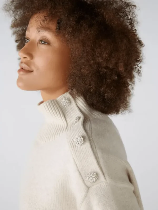 Oui Knitwear | Gifts Under £250^Women's Jumper With Rhinestone Buttons In Off White 89178 Col 1021