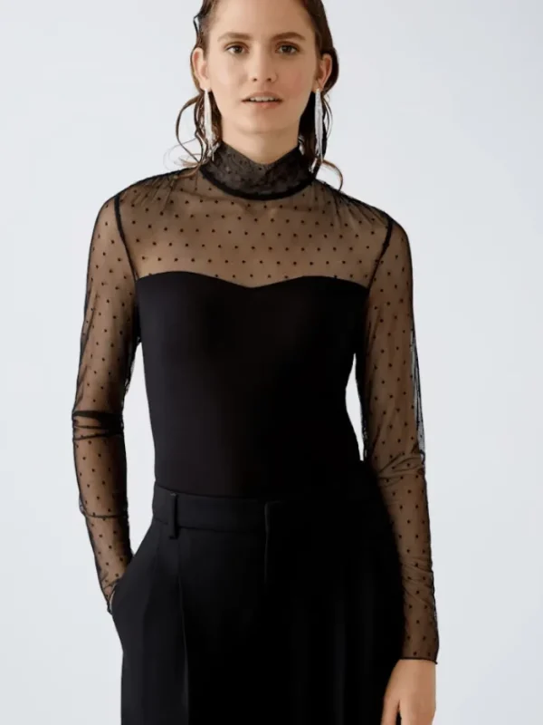 Oui Party Wear | Tops^Women's Long Sleeved Top In Black With Mesh Detail 89010 Col 9990