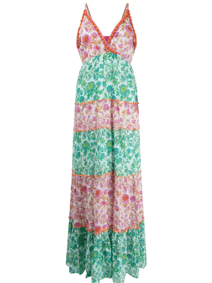 place_du_soleil_tiered_ma_0.webp Place du Soleil Dresses | Beachwear^Tiered Maxi Dress In Green And Rosa Flowers S24 436