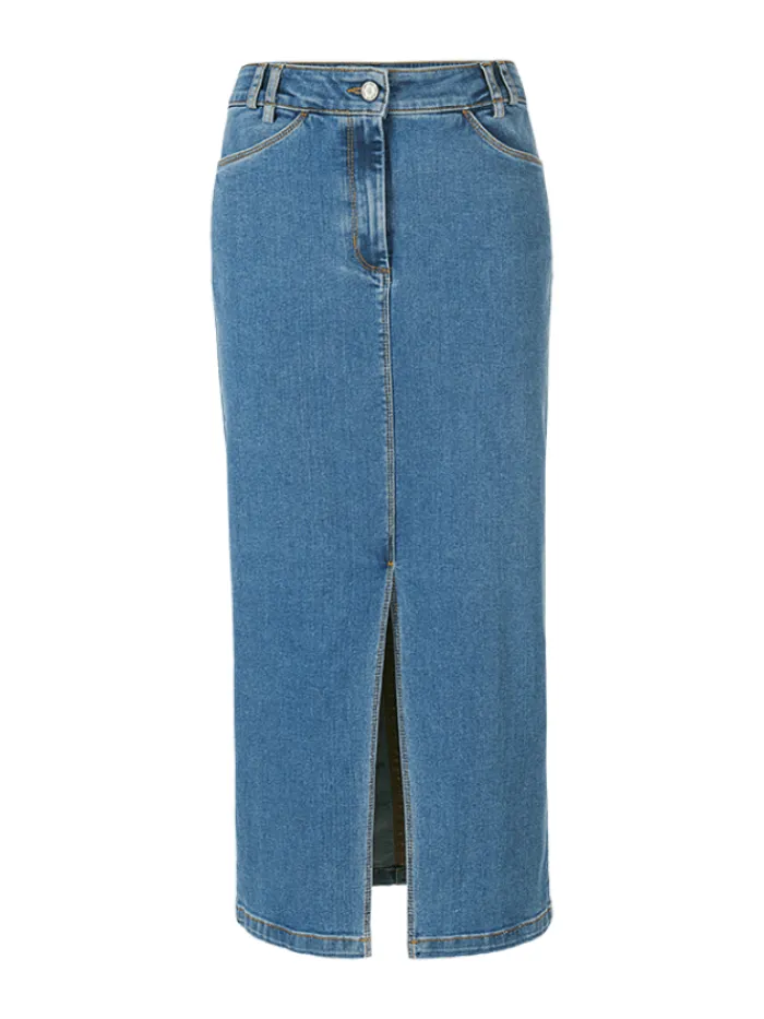 riani_high_stretch_denim__0.webp Riani Skirts | Gifts Under £100^High Stretch Denim Midi Skirt In Blue Used Wash 444760 3401 Col