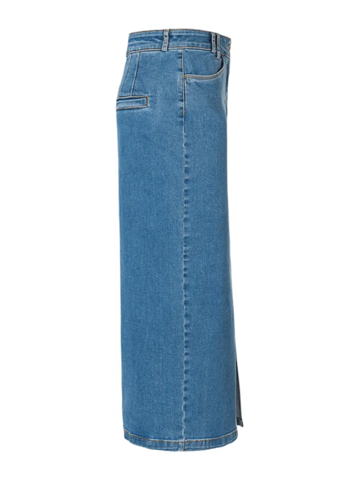 riani_high_stretch_denim__2.webp Riani Skirts | Gifts Under £100^High Stretch Denim Midi Skirt In Blue Used Wash 444760 3401 Col