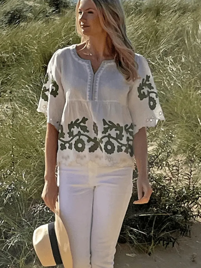 rose_and_rose_alassio_app_0.webp Rose And Rose Tops | Gifts Under £100^ALASSIO Appliqued Embroidered Top In White And Olive
