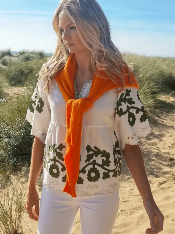 rose_and_rose_alassio_app_2.webp Rose And Rose Tops | Gifts Under £100^ALASSIO Appliqued Embroidered Top In White And Olive