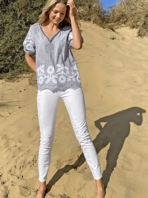 Rose And Rose Tops | Gifts Under £100^ANACAPRI Appliqued Top With Blue and White Stripes